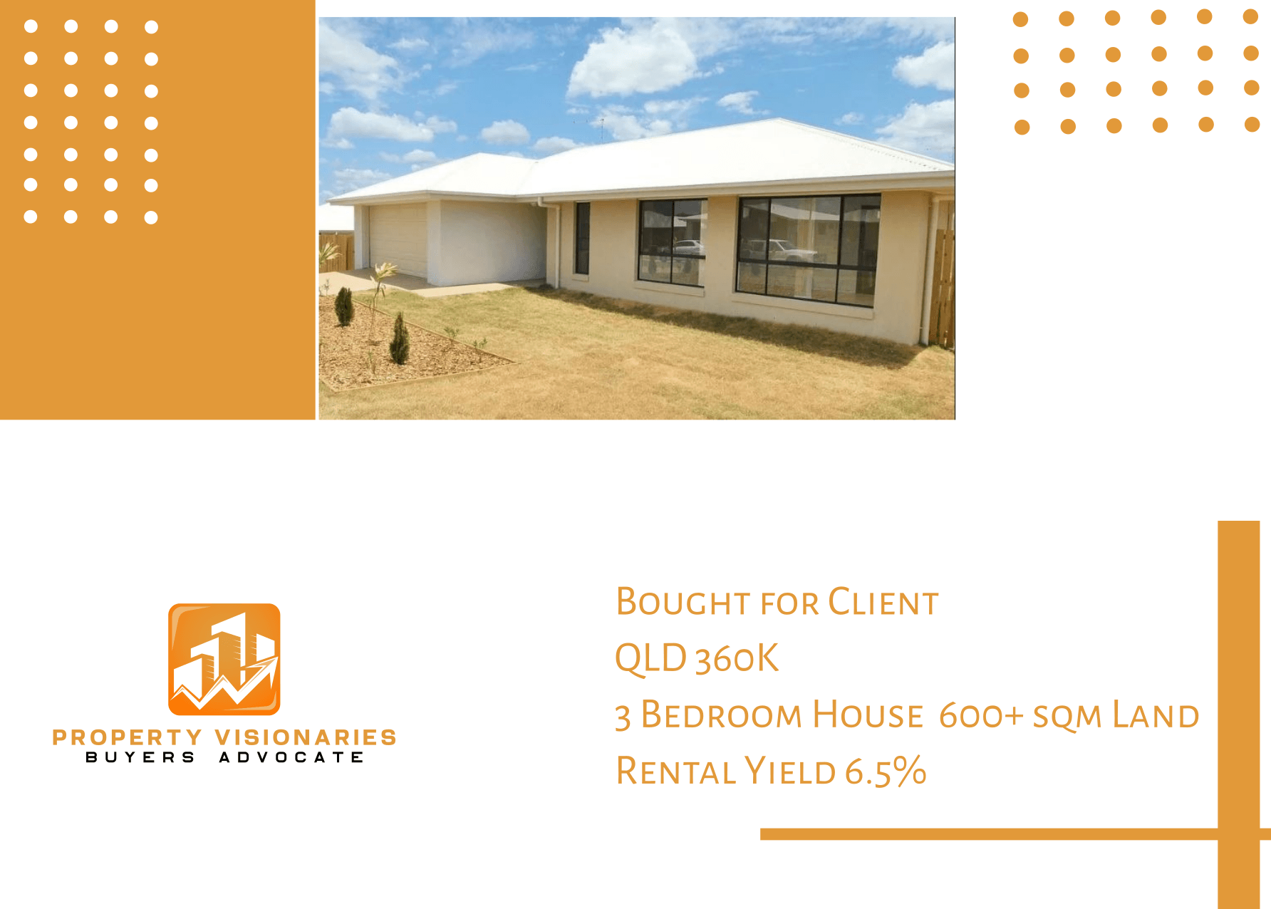 Modern house exterior with white roof and large windows, promotional text for Property Visionaries Buyers Advocate.